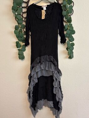 Y2K NWT Whimsigoth Black and Gray Ruffled Asymmetrical High-Low Maxi Dress✨